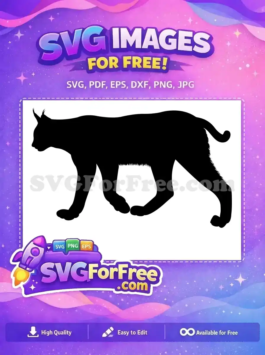 A free bold black silhouette of a lynx or bobcat walking, ideal for various free design projects and crafts.