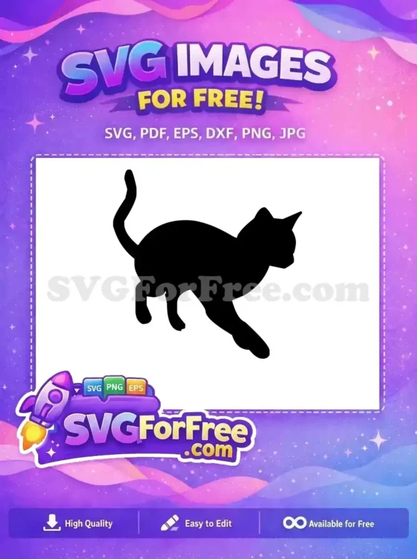 Free Cat Silhouette SVG – Elegant Feline Design Download A striking black free cat silhouette in a walking pose, ideal for various design projects. Download this free vector now!