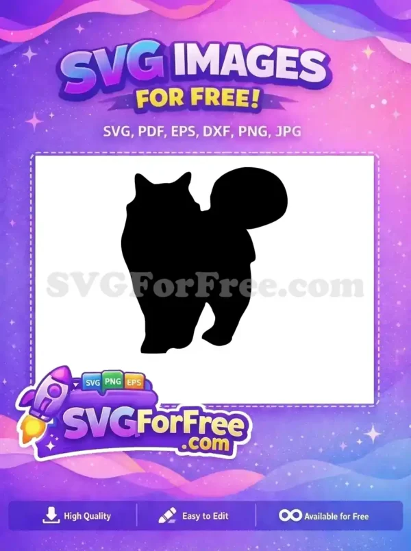 A free fluffy dog or cat silhouette SVG, showcasing a playful pet with a curled tail, ideal for crafting projects.