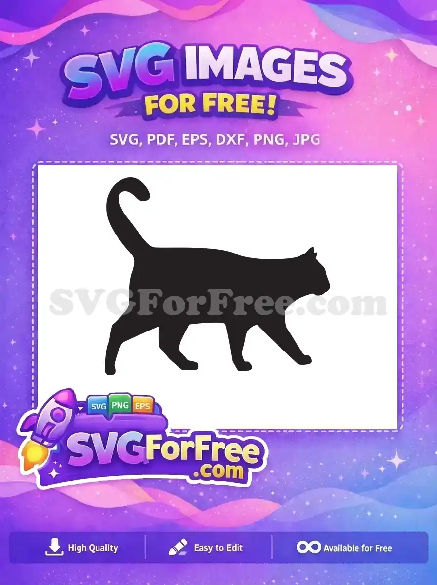 A sleek black silhouette of a walking cat, tail up, offered as a free design for all your creative projects. Download now!