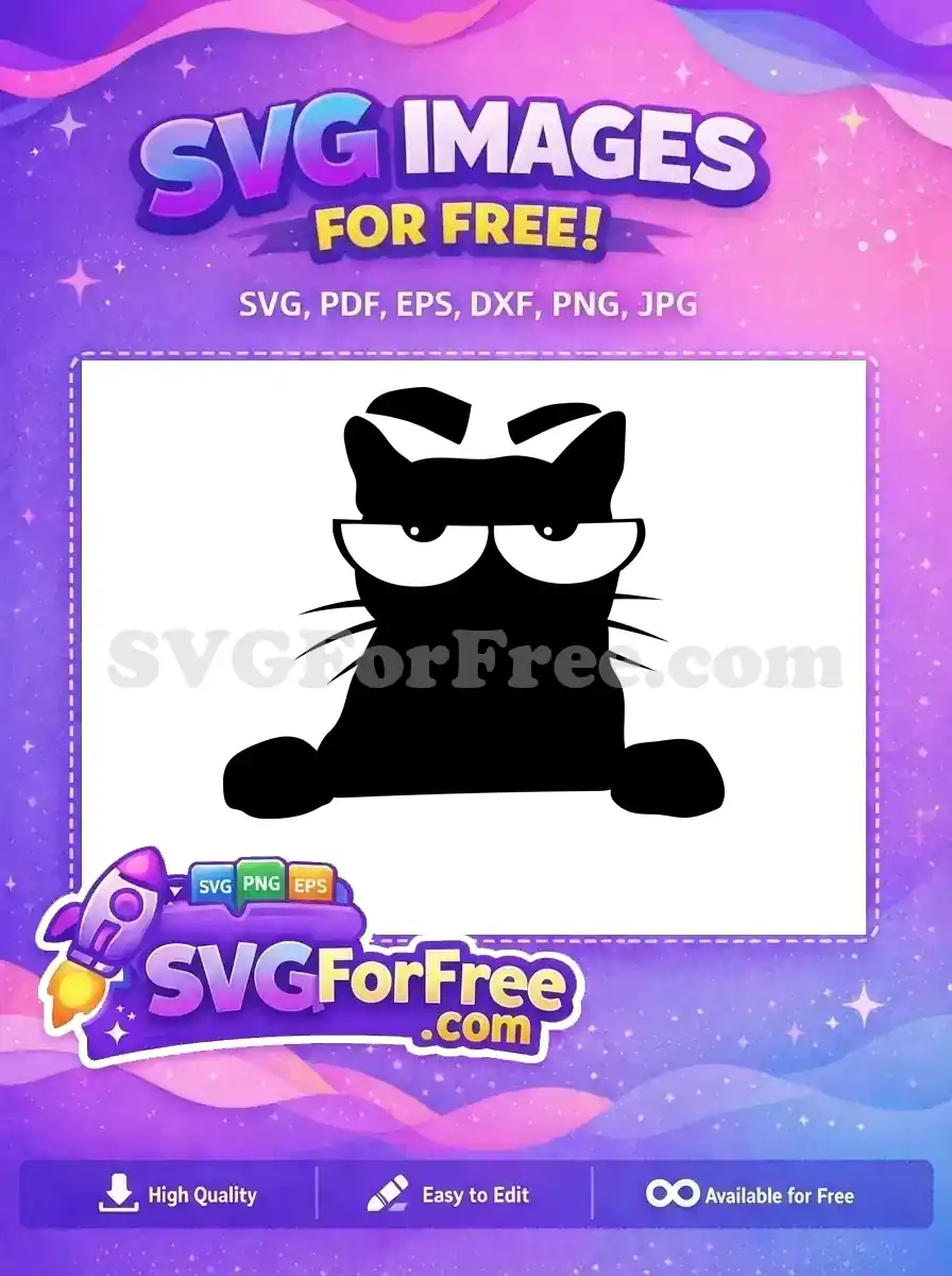 A free design of a grumpy black cat silhouette with large white eyes and pointy ears, ideal for various projects.