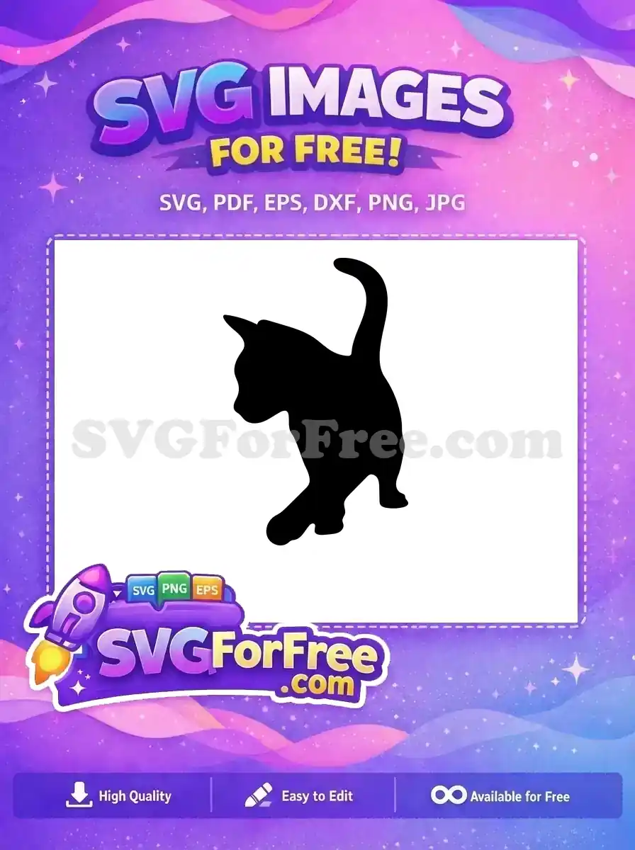 A sleek black cat silhouette, free to download, in a playful pose with tail up. Ideal free SVG for crafts & digital art.