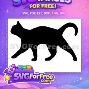 A free black cat silhouette SVG, depicted in a graceful walking pose, ideal for crafting and decor projects. Free download.