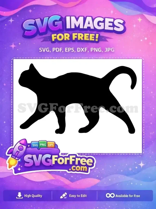 A free black cat silhouette SVG, depicted in a graceful walking pose, ideal for crafting and decor projects. Free download.