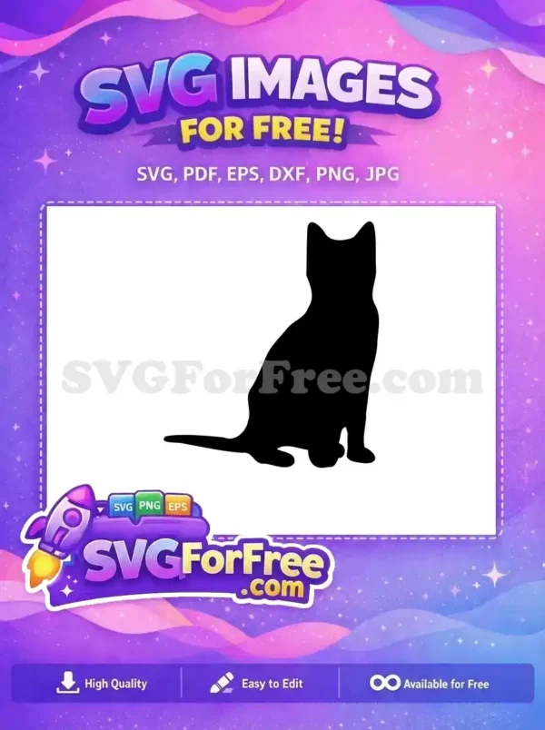 A free black cat silhouette, sitting patiently, ideal for diverse projects. This free vector design offers clean lines and an elegant form.