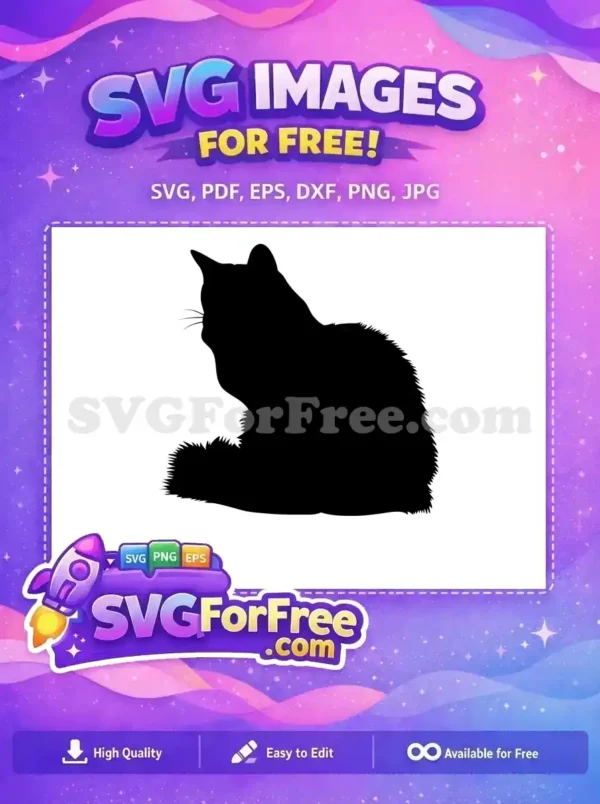 A free design of a fluffy black cat silhouette sitting, looking left with whiskers visible. Ideal for various projects.