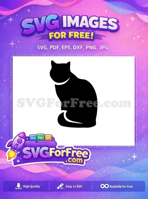 Free Elegant Cat Silhouette SVG – Minimalist Design A free elegant black cat silhouette sitting, featuring clean lines and subtle white accents, perfect for diverse projects.