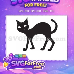A free spooky black cat silhouette with an arched back and a subtle smile, perfect for free Halloween crafts.