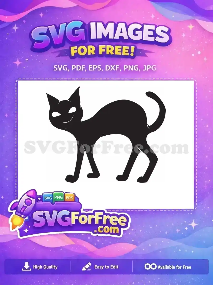A free spooky black cat silhouette with an arched back and a subtle smile, perfect for free Halloween crafts.