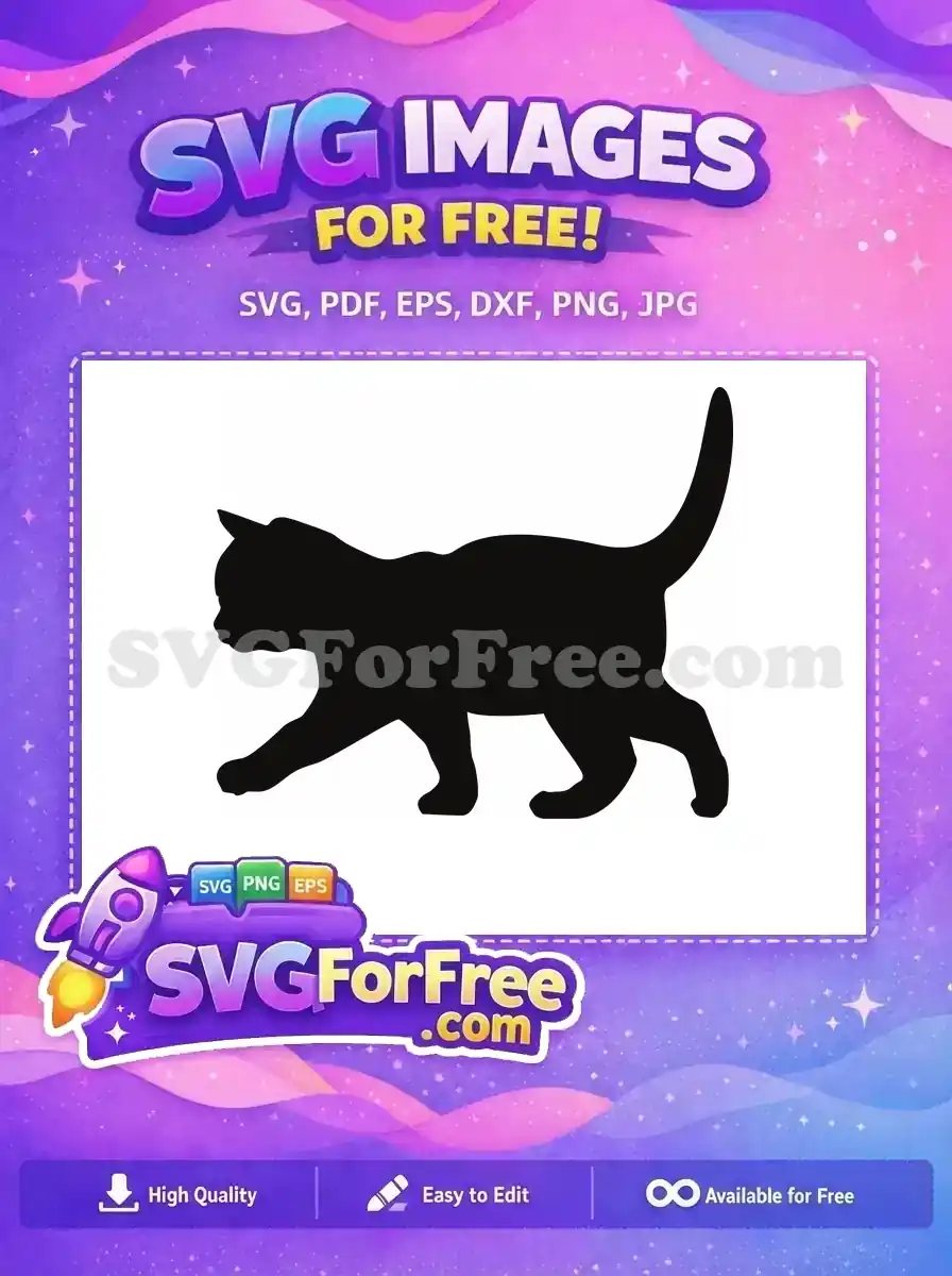 Free graceful walking cat silhouette SVG design, ideal for various projects. A versatile free vector download for crafting.
