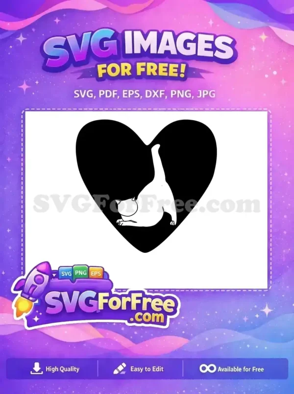 A free black heart SVG featuring a playful white cat stretching with its tail up, ideal for cute pet-themed free designs.