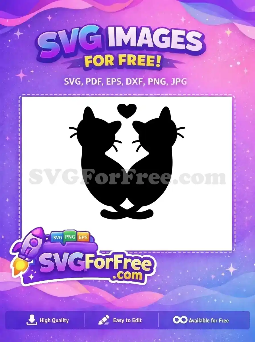 Two stylish black cat silhouettes forming a heart, crowned with another heart. A charming free SVG design for animal lovers.