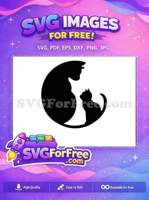 A beautiful free SVG of two black cat silhouettes, one large and one small, nestled within a circular shape, ideal for pet-themed projects.