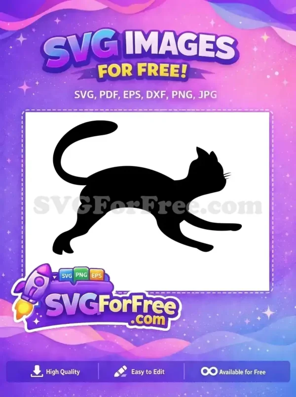 Graceful Free Cat Silhouette SVG for Your Creative Designs A sleek, free black cat silhouette SVG, poised in motion, ideal for crafters and designers. Enjoy this free vector!