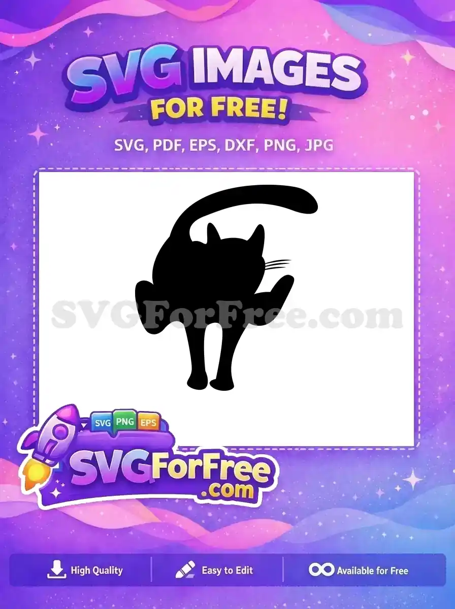A striking free black cat silhouette, captured mid-stretch with an arched tail, ideal for playful designs. This free vector art is perfect for crafters and designers seeking charming pet graphics.