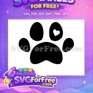A charming free black paw print with a white heart on one toe pad, symbolizing pet love and care. This free vector is ideal for animal-themed projects.
