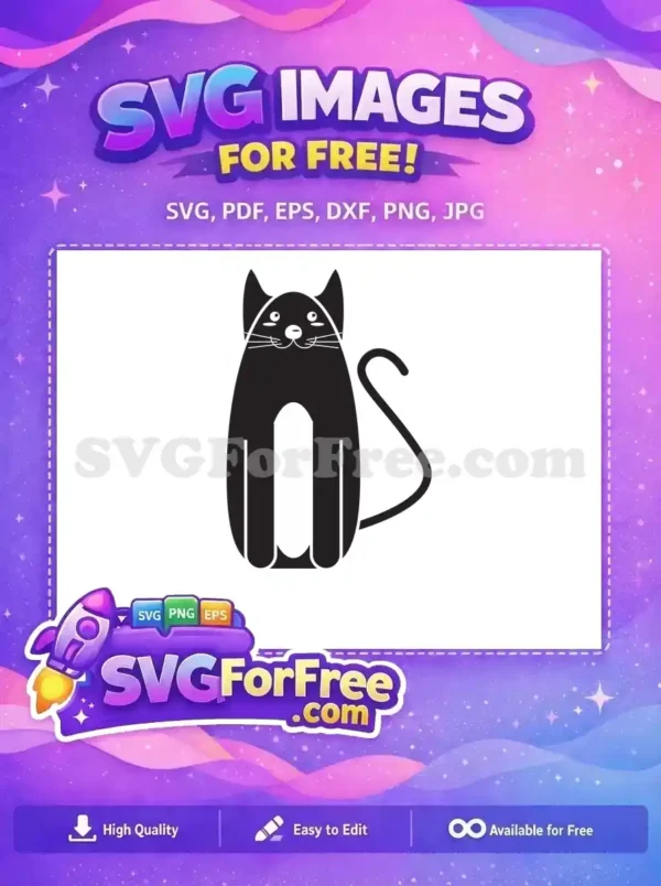 A minimalist free black cat design, sitting gracefully with cute white features, ideal for various creative projects. Download this free SVG.