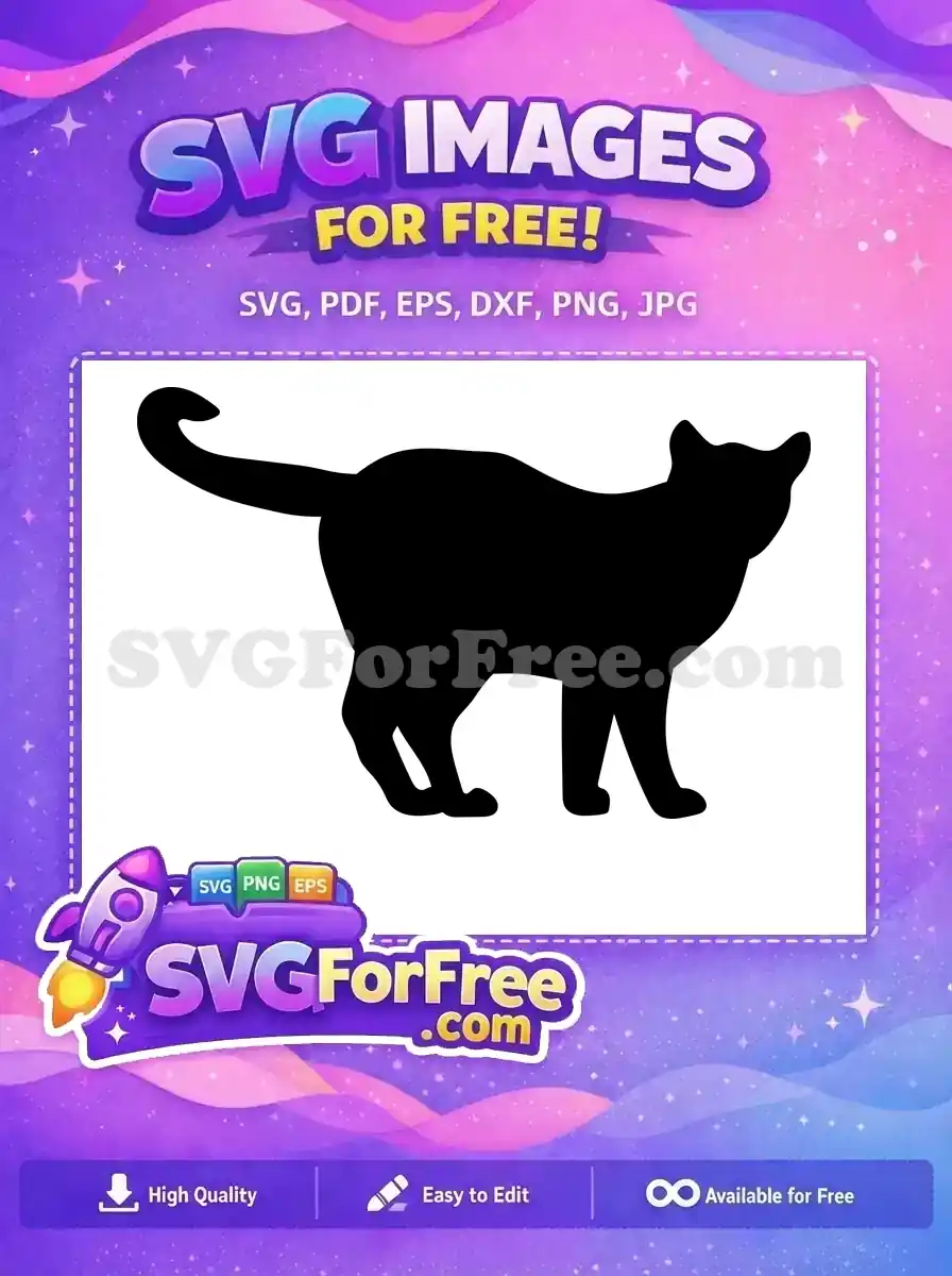 A free design featuring a sleek black cat silhouette standing, tail raised, perfect for various creative projects. Download now!