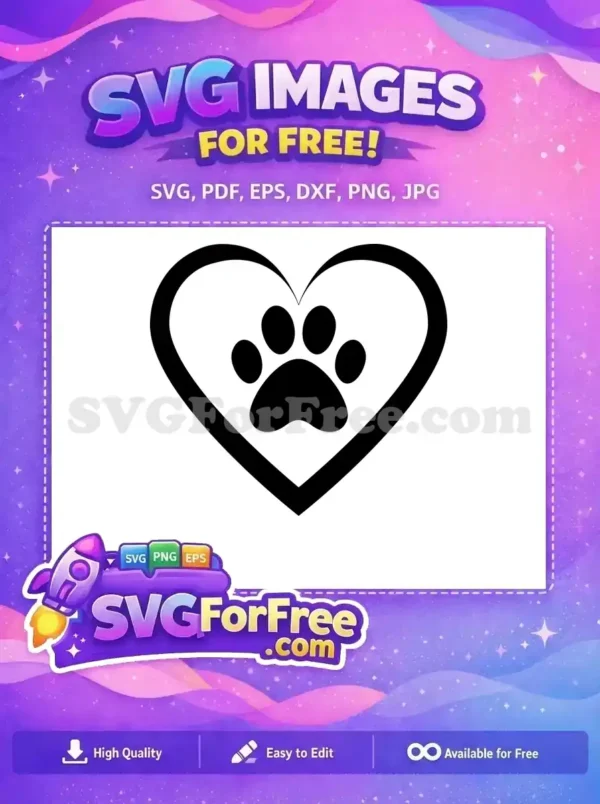 A charming free design featuring a bold black paw print nested within a heart outline, celebrating pet love.