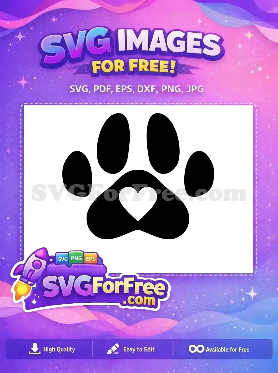 A free black paw print SVG featuring a delicate white heart at its center, symbolizing pet love and care. Free for all.