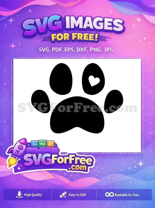 A heartwarming free design of a black animal paw print featuring a small white heart on one toe pad. Celebrate pet love with this free SVG.