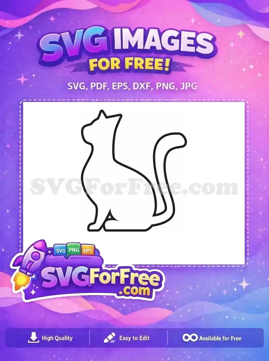 A charming free cat silhouette, sitting gracefully, with a clean white fill and bold black outline, perfect for various free craft projects.