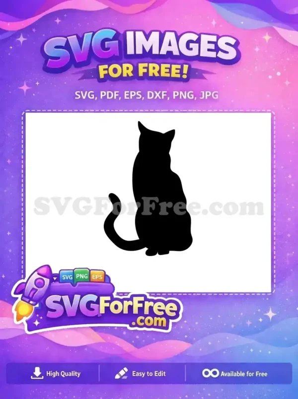 A free elegant black cat silhouette sitting, tail curled, ideal for crafters seeking a versatile, downloadable design.