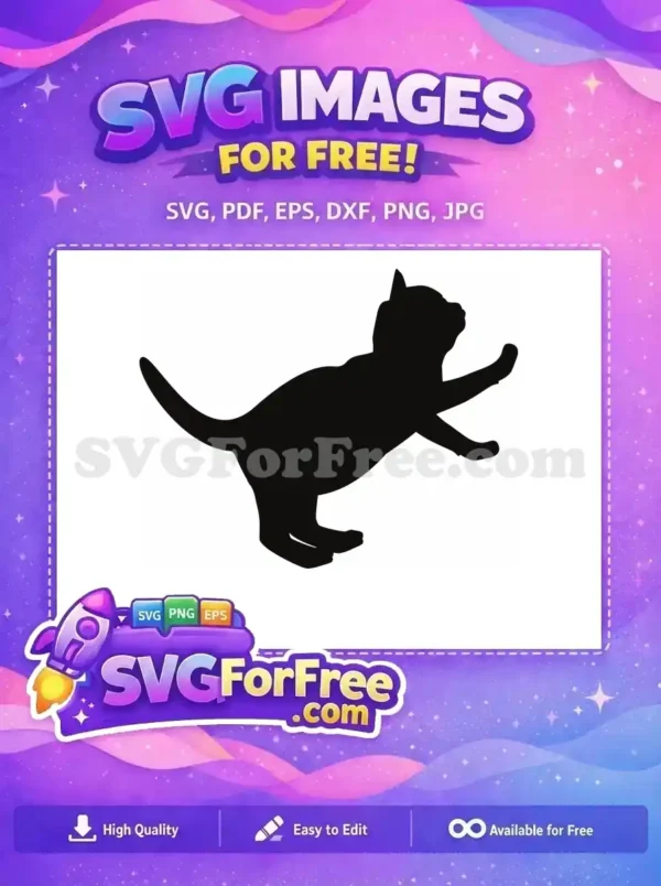A free playful cat silhouette, perfect for diverse creative projects. This free design captures a feline's dynamic pose, ready for your artistic touch.