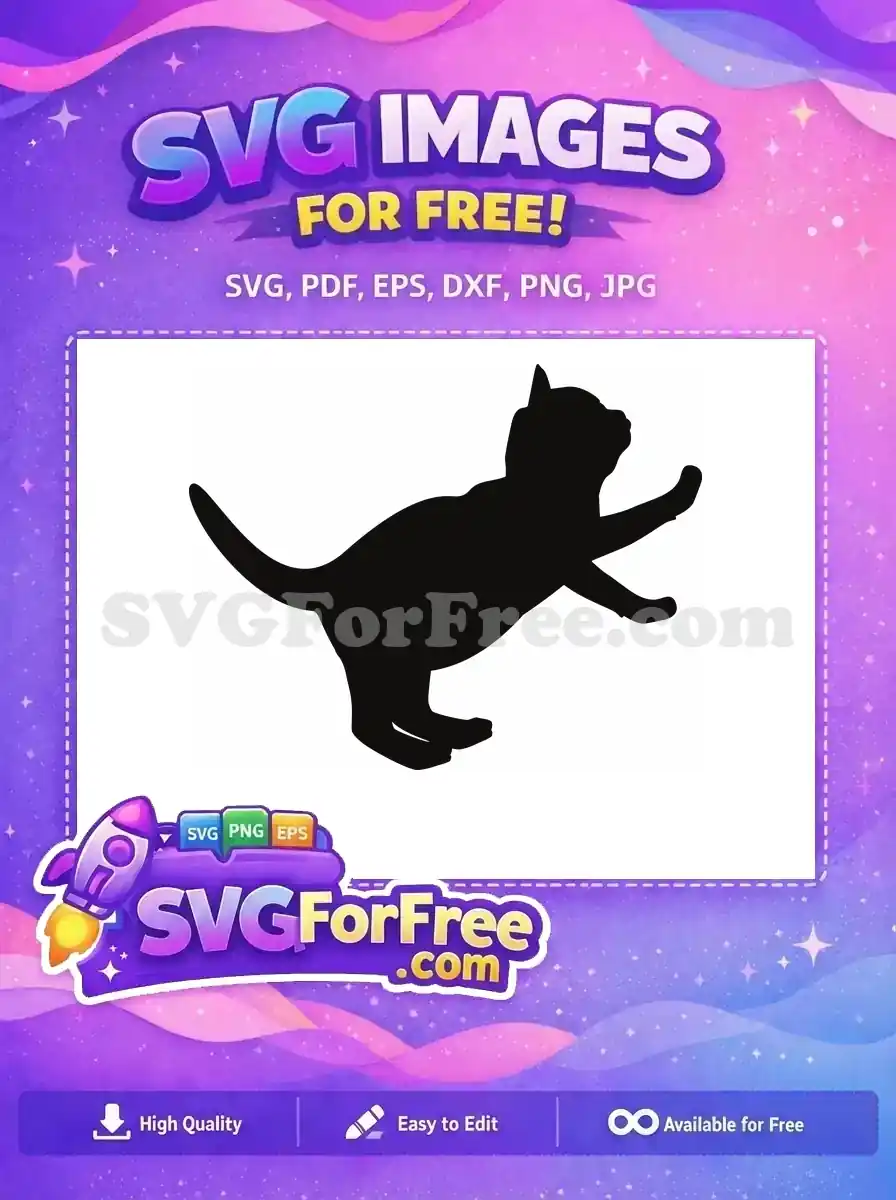 A free playful cat silhouette, perfect for diverse creative projects. This free design captures a feline's dynamic pose, ready for your artistic touch.