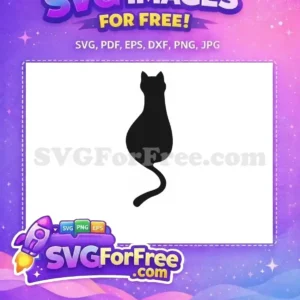 Free Cat Silhouette SVG Design – Elegant Feline Vector A sleek, free cat silhouette SVG, viewed from the back with a long, elegant tail. This free design is purr-fect for crafters.