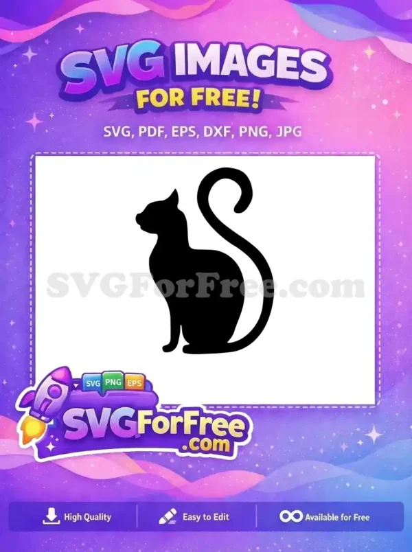 A sleek free black cat silhouette, sitting patiently with its elegant tail curled. This free design is purr-fect for any project.