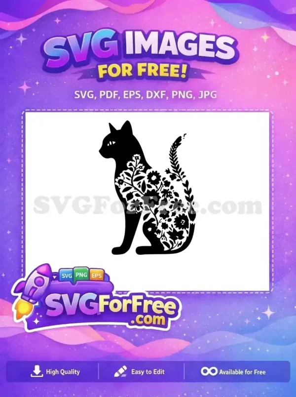 Free Floral Cat Silhouette SVG – Elegant Pet Design A free design of a sitting cat silhouette with an intricate floral pattern cut out, offering elegant charm. Grab this free SVG!