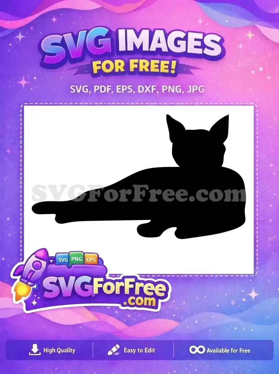A free elegant black cat silhouette lying down, ideal for various creative projects. Download this free SVG design now.