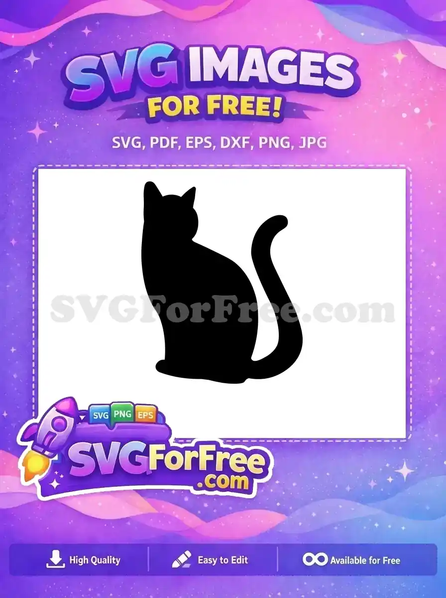 A sleek, free black cat silhouette design, sitting gracefully, ideal for various creative projects. Download this free SVG!