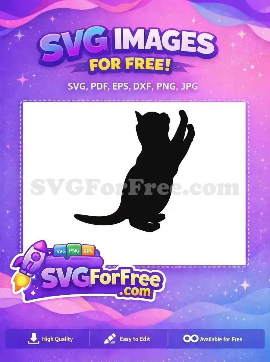 A playful black cat silhouette reaching up, a fantastic free design for crafts and digital art projects. Download this free SVG!