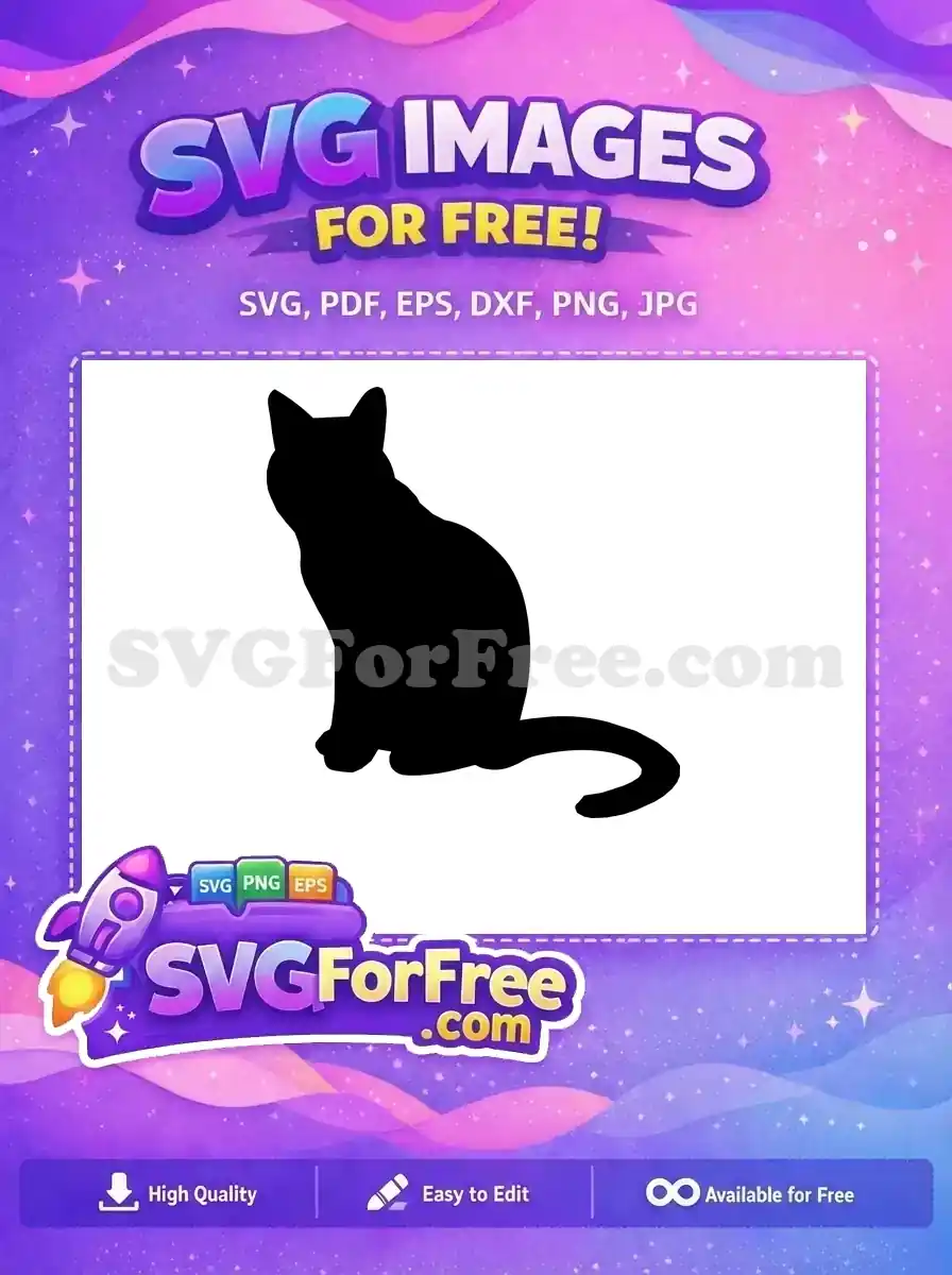 A striking free black cat silhouette SVG, sitting gracefully with its tail curled, ideal for various creative projects.