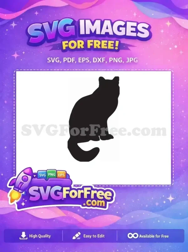 Discover this free cat silhouette SVG, a sleek black feline sitting gracefully, ideal for various free design projects.