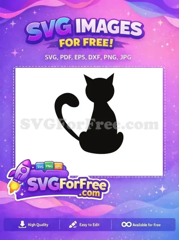 Free Minimalist Black Cat Silhouette SVG Design for Crafting A sleek, free black cat silhouette SVG design, perfect for crafting and decor, featuring a seated feline with a curled tail.