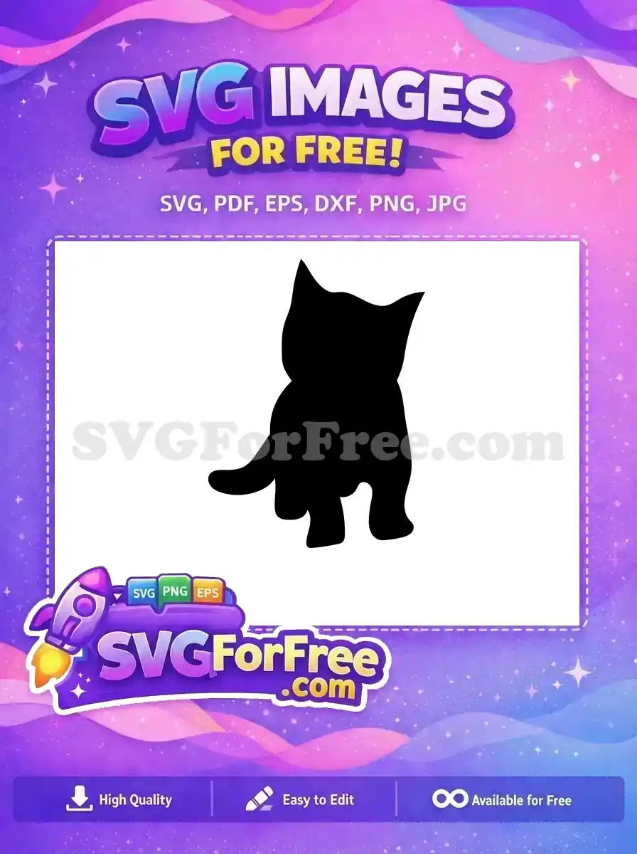 A charming black kitten silhouette, poised with an upright tail, offered as a completely free design for crafters and artists.