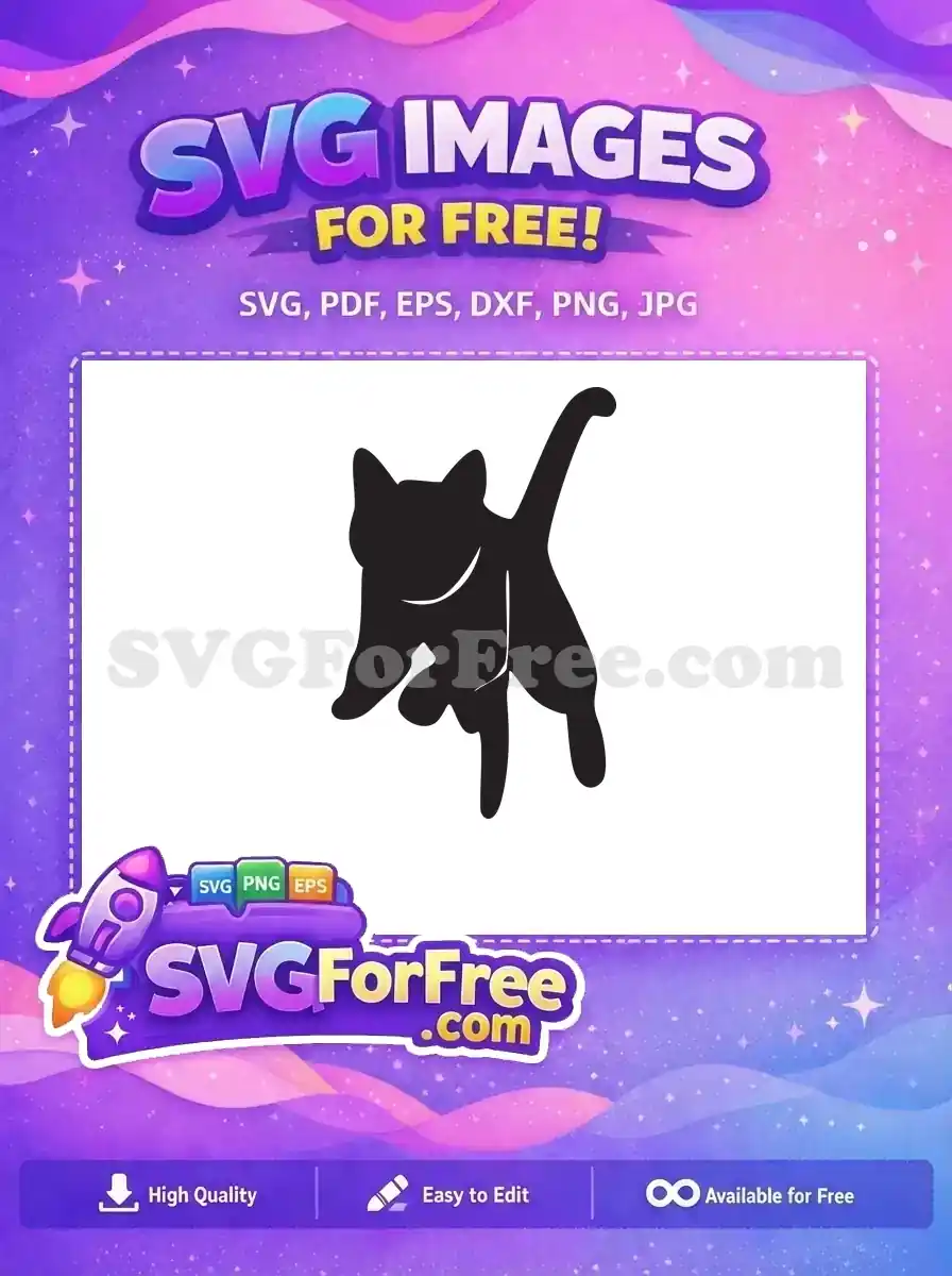 A free SVG cat silhouette, black, dynamically posed with a raised paw and arched back. Ideal for crafting projects.