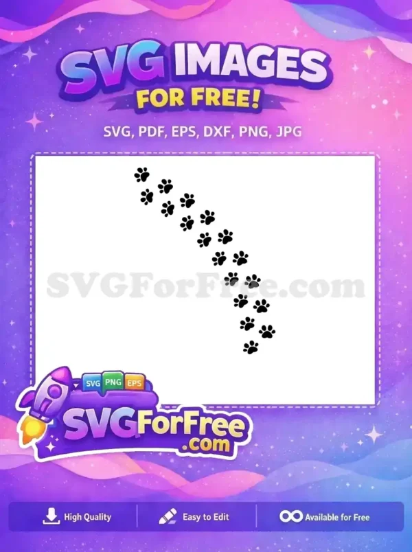 A free SVG design featuring a delightful diagonal trail of black paw prints on a clean white background, perfect for pet-themed crafts.