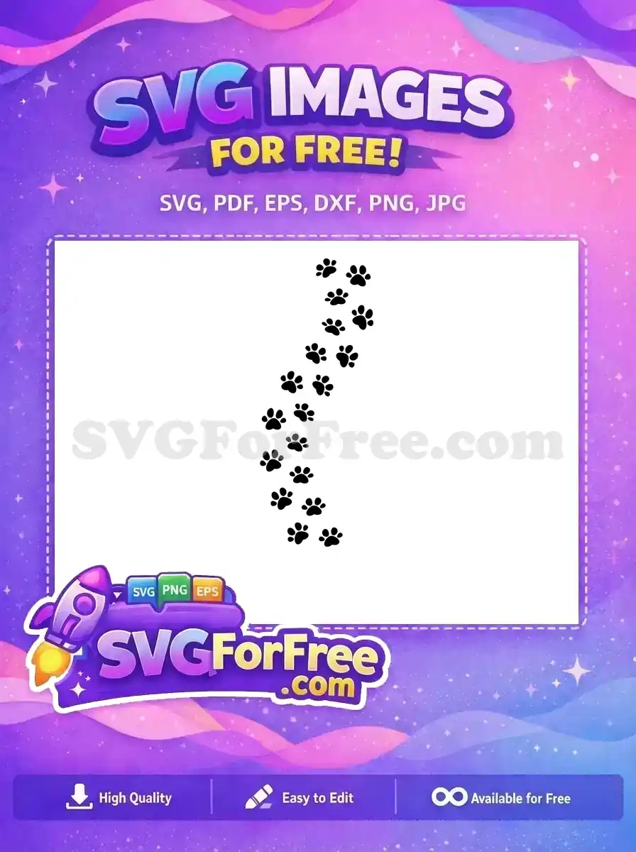 A charming trail of black paw prints on a white background, a versatile free SVG design for animal-themed projects.