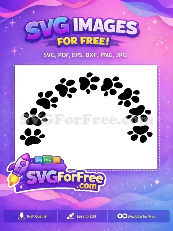 A delightful arc of black paw prints on a white background, available as a free SVG design. Ideal for pet lovers and crafters seeking free animal-themed graphics.