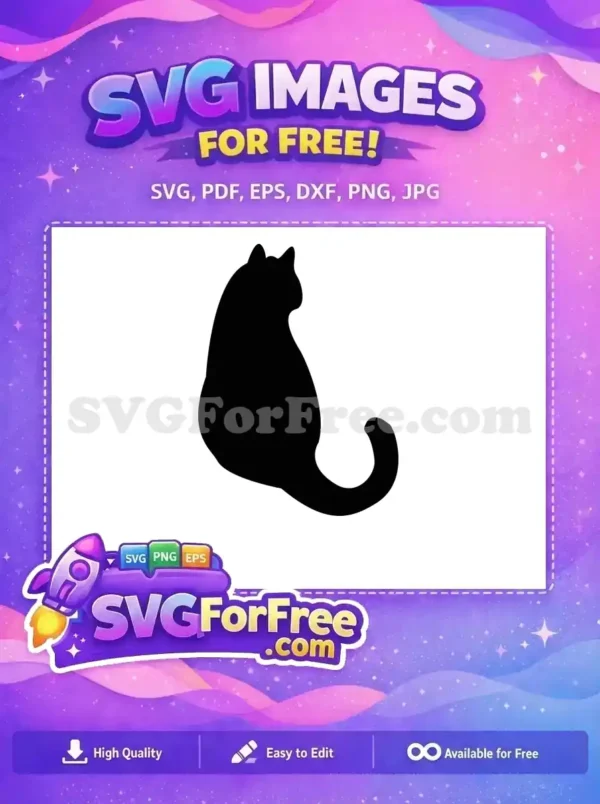 A sleek, free black cat silhouette, sitting gracefully with its tail curled, ideal for various creative projects. Download this free design now!