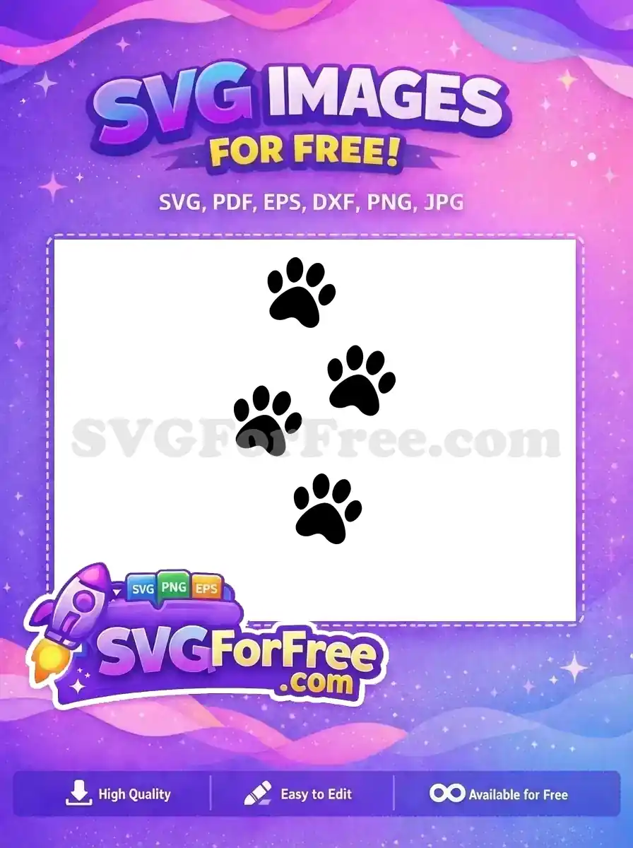 Four delightful black paw prints on a clean white background, a free design ready for your projects. A versatile free SVG for all pet-themed crafts.