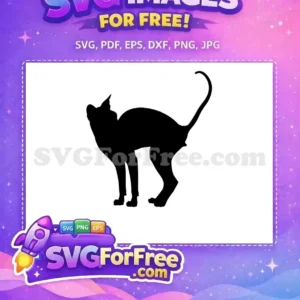 A striking free cat silhouette design showcasing a feline arching its back with an elegant curled tail, ideal for various crafts.