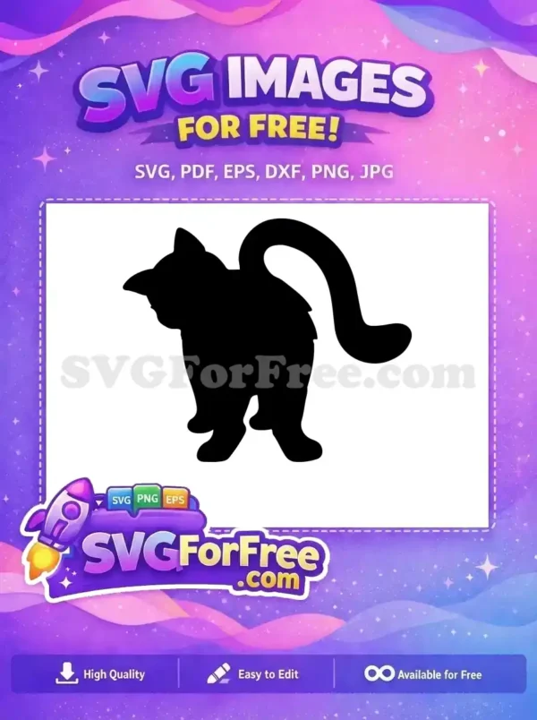 A free black cat silhouette, seen from behind with a curled tail, an ideal free vector for any creative project.