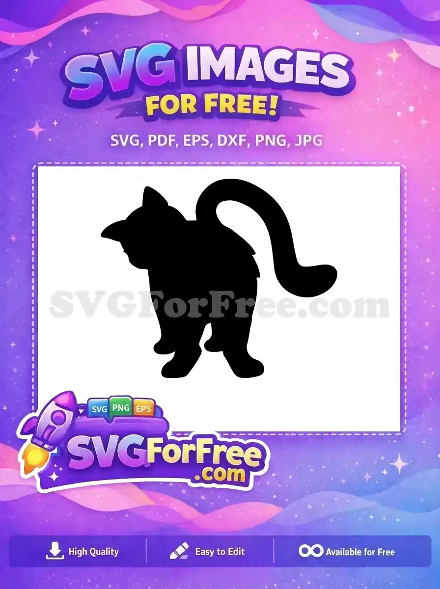 A free black cat silhouette, seen from behind with a curled tail, an ideal free vector for any creative project.