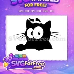 A free design featuring a cartoonish black cat with huge, expressive white eyes and prominent whiskers. A fun free vector.