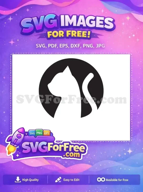 Free Cat Silhouette SVG: Elegant Animal Design Download A striking free cat silhouette logo, white on a black circular background, ideal for various creative applications. Free design available.